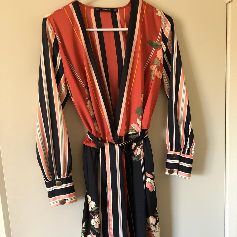Zara floral and striped belted dress NWT